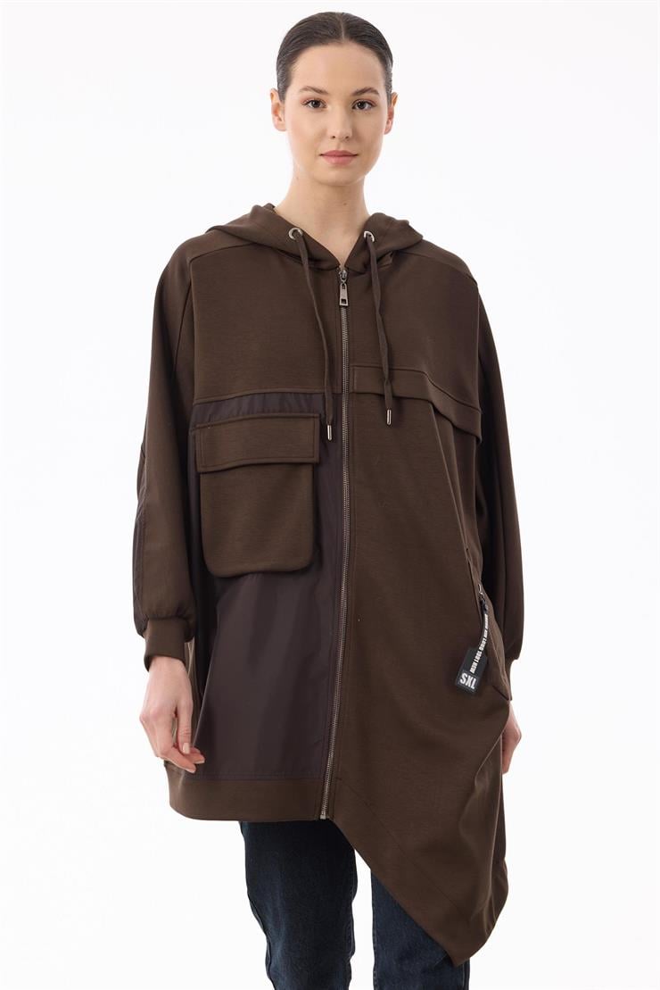 Kapuşonlu Önden Fermuarlı Asimetrik Kap KAHVE