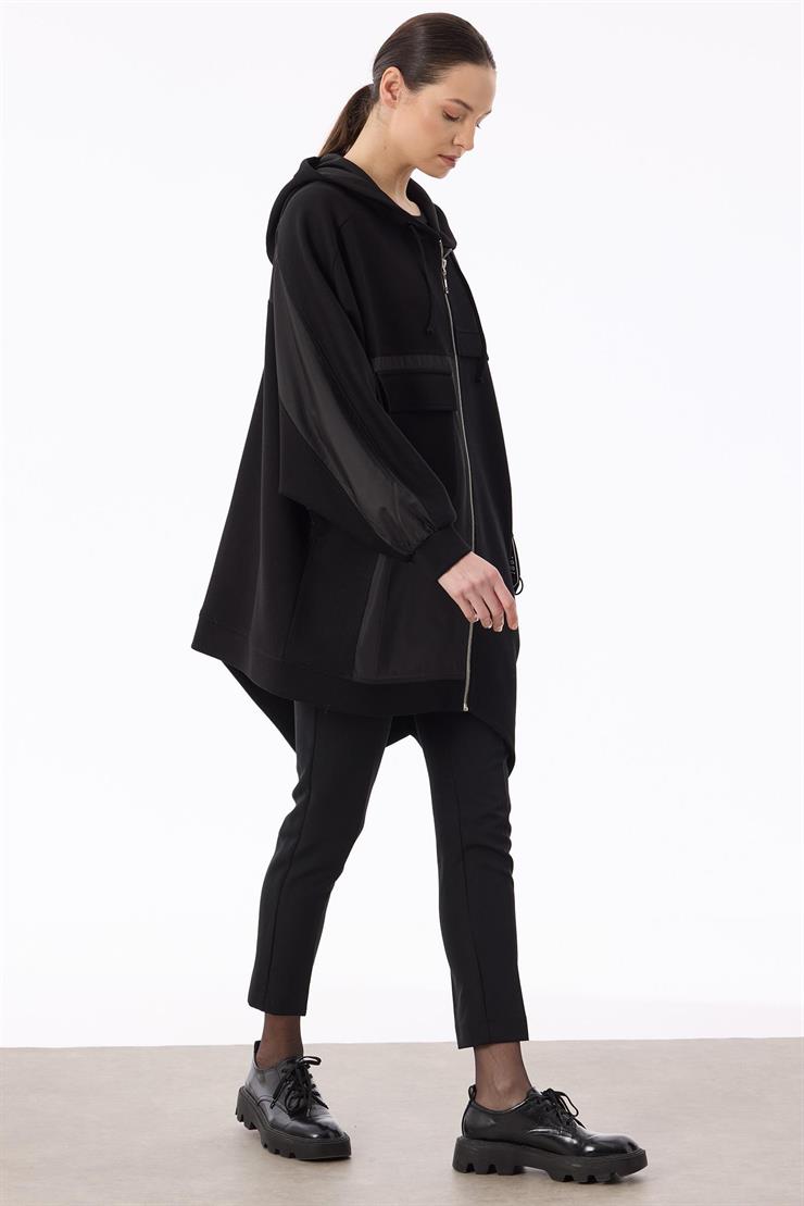 Kapuşonlu Önden Fermuarlı Asimetrik Kap SİYAH
