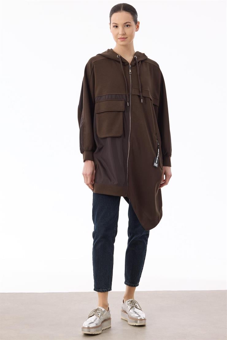 Kapuşonlu Önden Fermuarlı Asimetrik Kap KAHVE