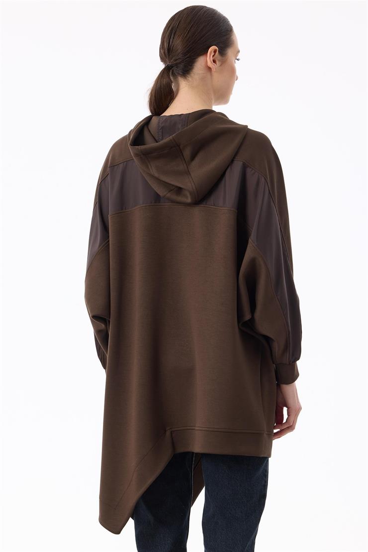 Kapuşonlu Önden Fermuarlı Asimetrik Kap KAHVE