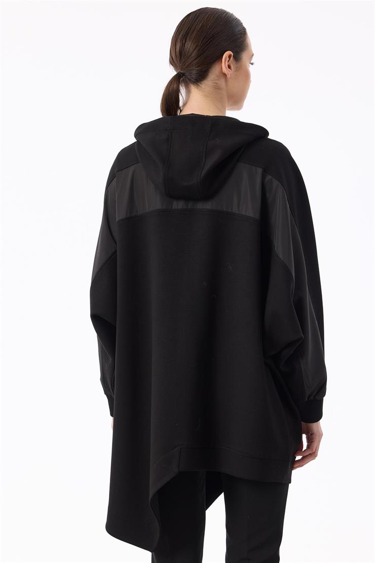 Kapuşonlu Önden Fermuarlı Asimetrik Kap SİYAH