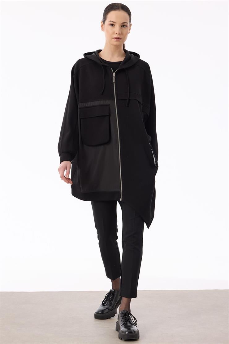 Kapuşonlu Önden Fermuarlı Asimetrik Kap SİYAH