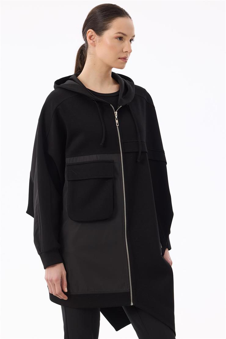 Kapuşonlu Önden Fermuarlı Asimetrik Kap SİYAH