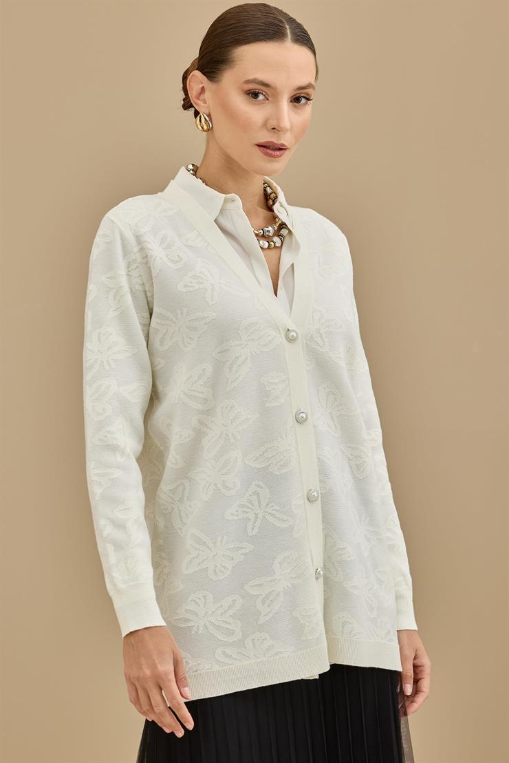 Kelebek Sim Jakarlı Triko Hırka EKRU