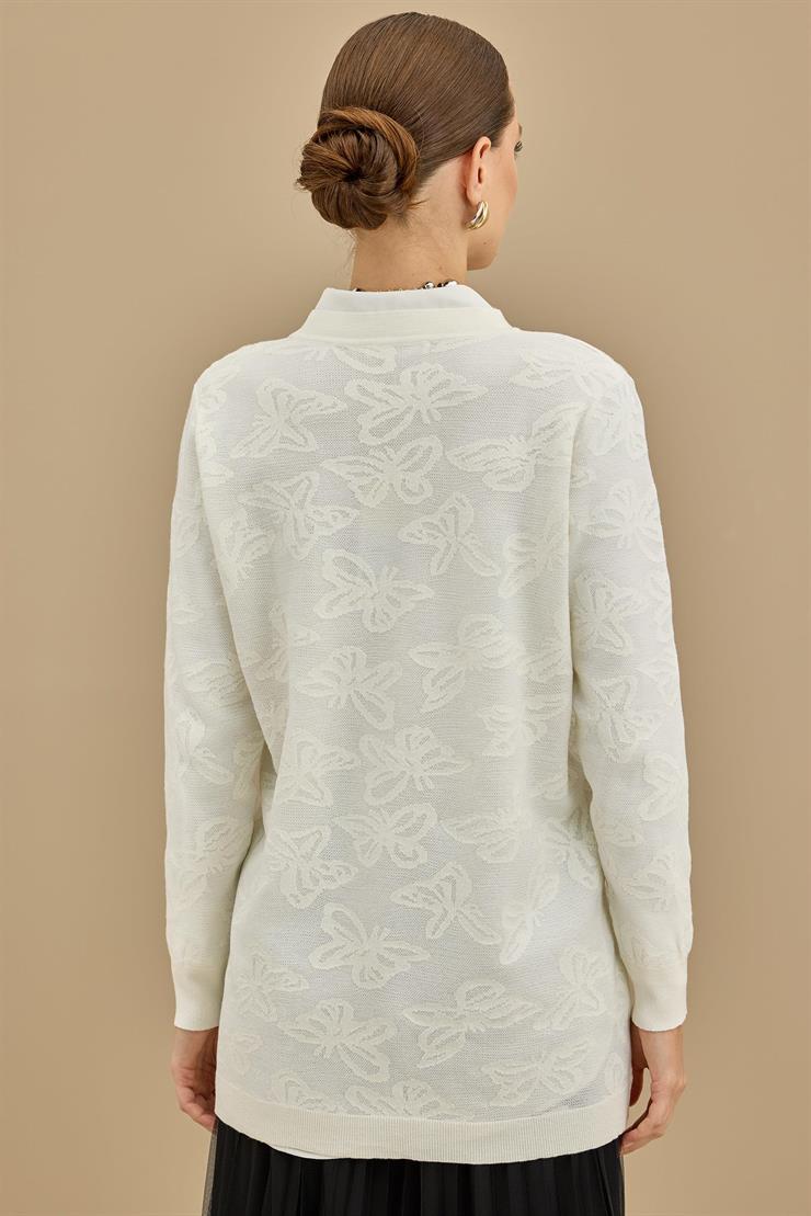 Kelebek Sim Jakarlı Triko Hırka EKRU