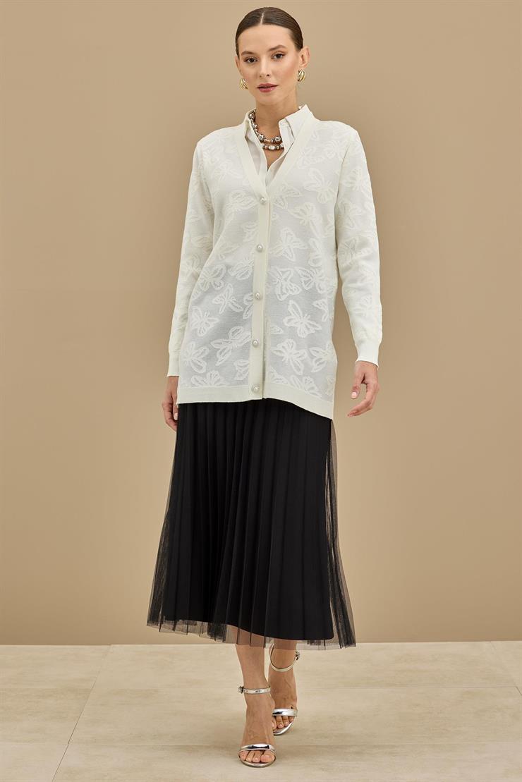 Kelebek Sim Jakarlı Triko Hırka EKRU