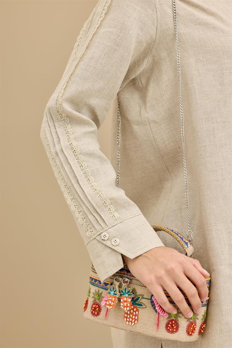 Keten Tunik Pantolon Güpürlü Takım BEJ