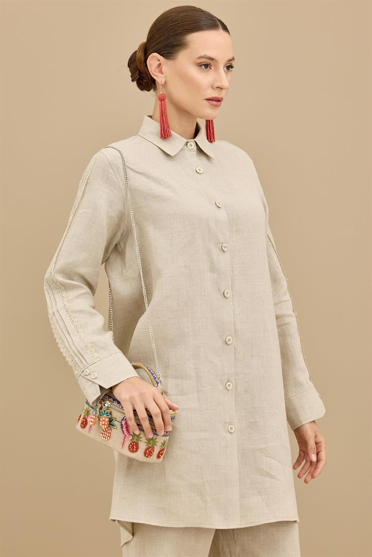 Keten Tunik Pantolon Güpürlü Takım BEJ