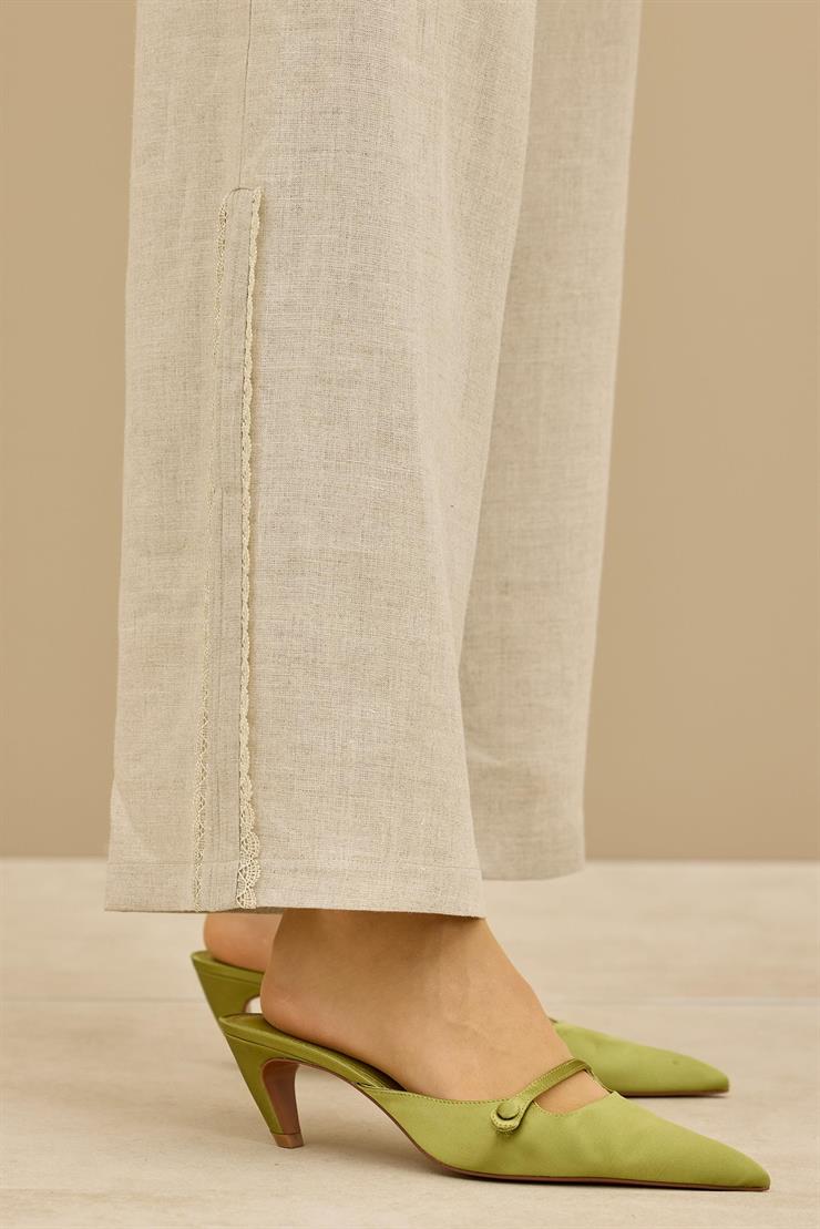 Keten Tunik Pantolon Güpürlü Takım BEJ