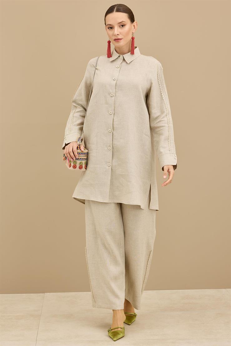 Keten Tunik Pantolon Güpürlü Takım BEJ