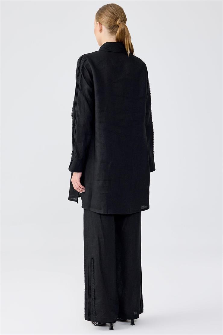 Keten Tunik Pantolon Güpürlü Takım SİYAH
