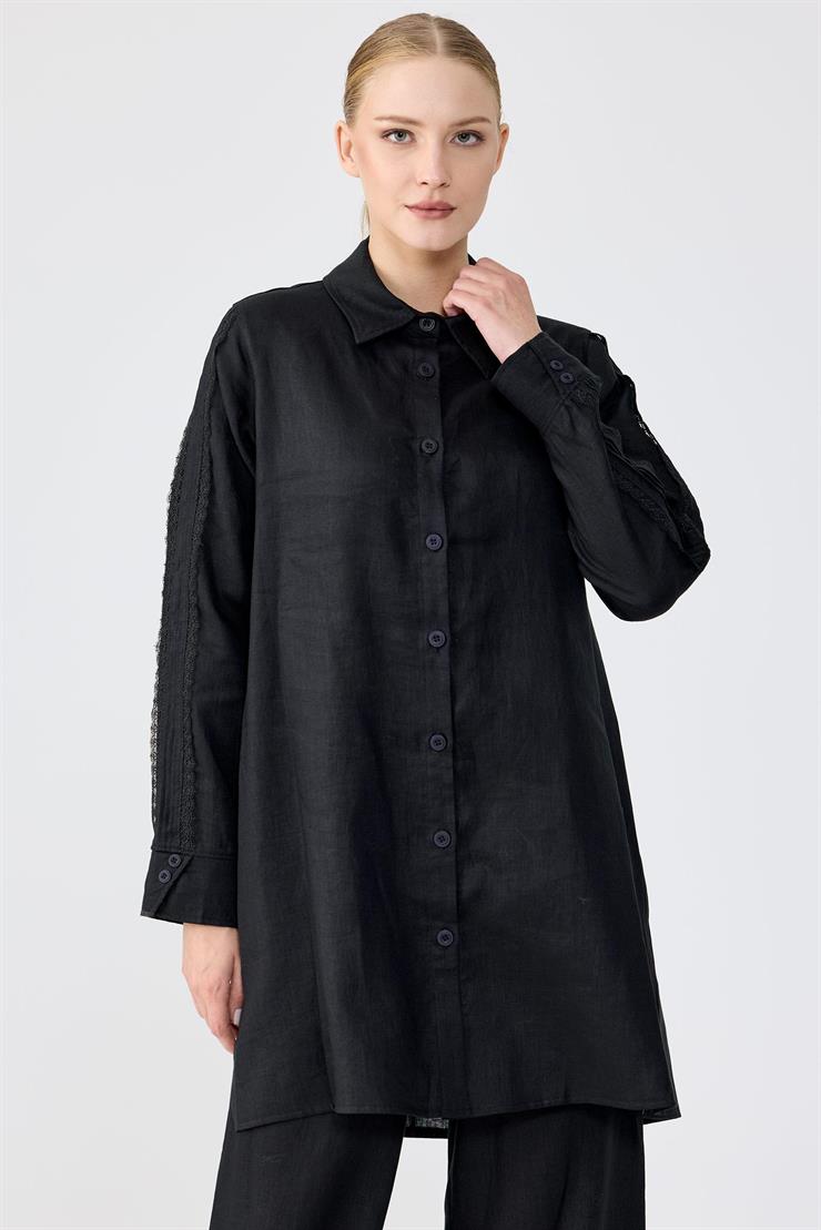 Keten Tunik Pantolon Güpürlü Takım SİYAH