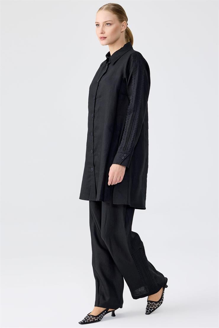 Keten Tunik Pantolon Güpürlü Takım SİYAH