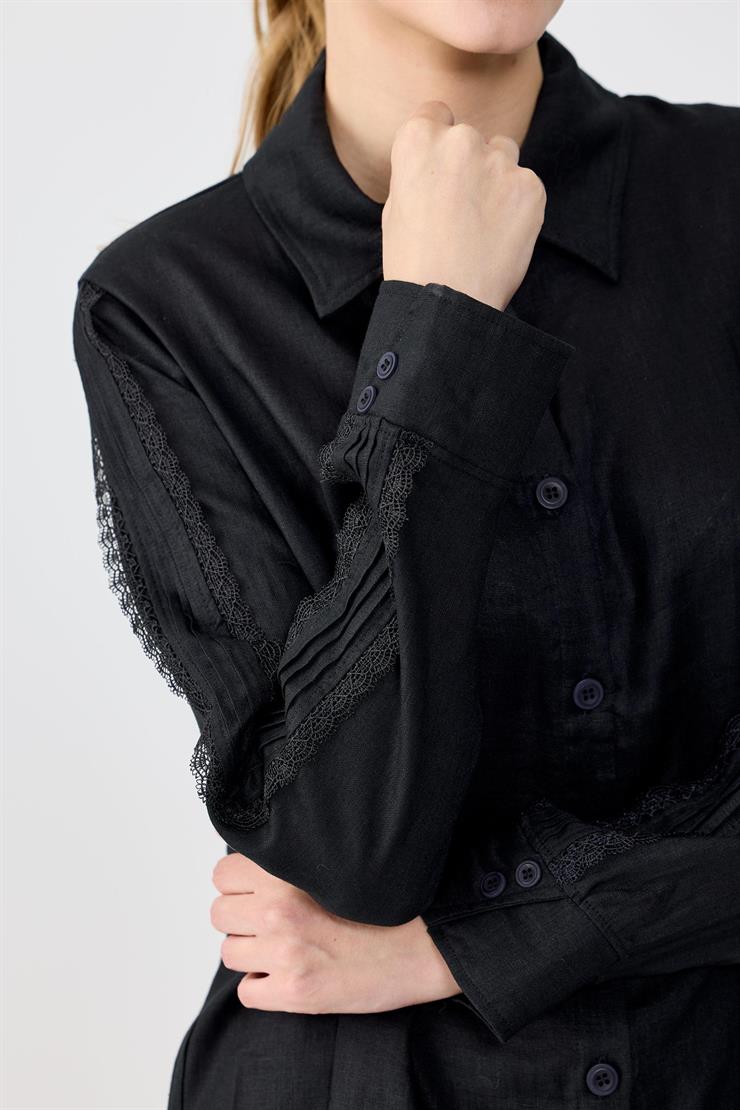 Keten Tunik Pantolon Güpürlü Takım SİYAH