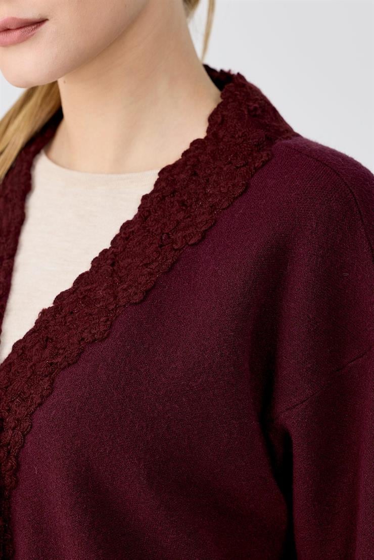 Kol Ve Pat Detaylı Düğmeli Triko Hırka BORDO