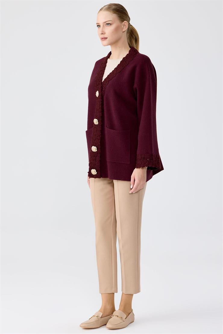 Kol Ve Pat Detaylı Düğmeli Triko Hırka BORDO