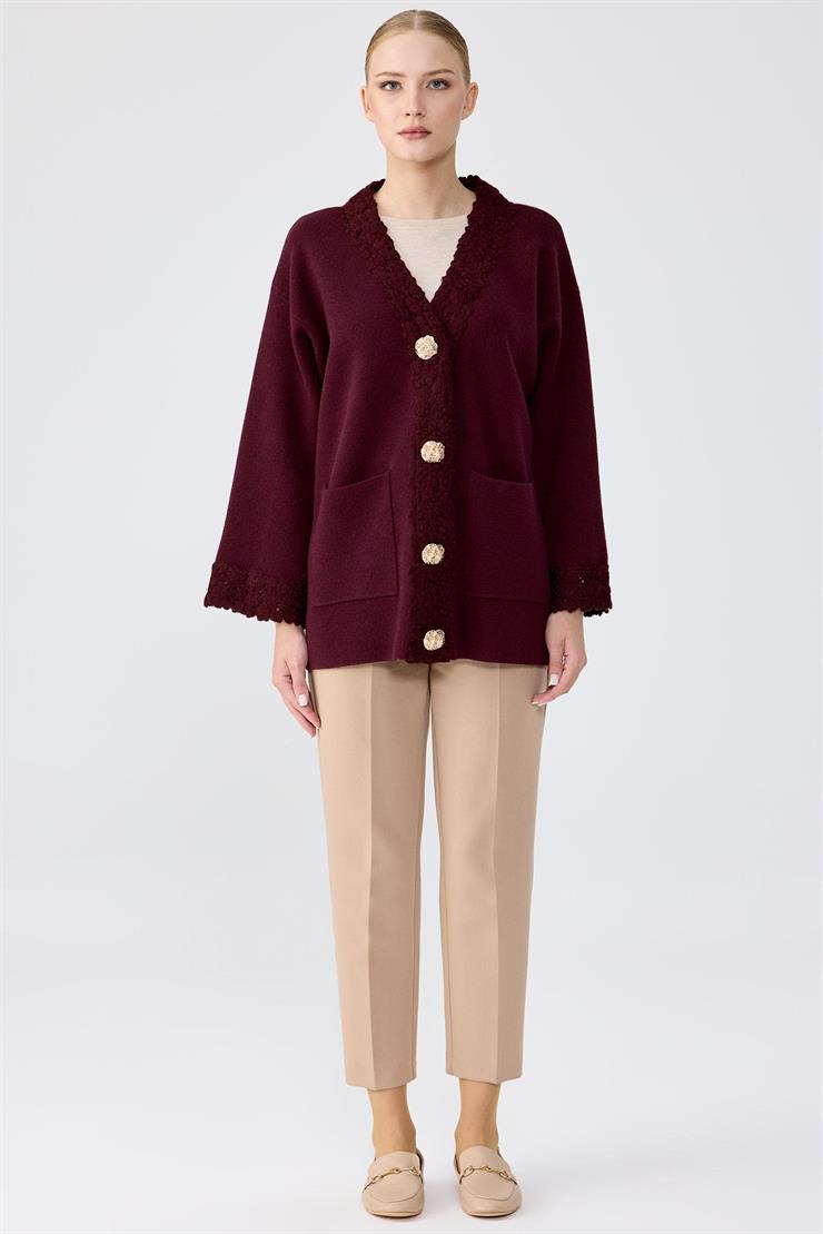 Kol Ve Pat Detaylı Düğmeli Triko Hırka BORDO