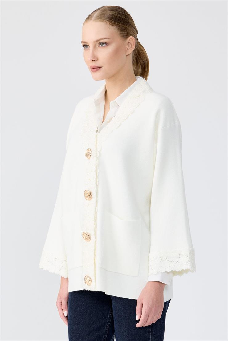 Kol Ve Pat Detaylı Düğmeli Triko Hırka EKRU