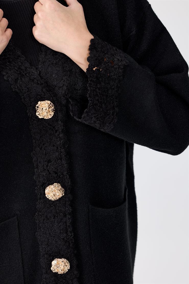 Kol Ve Pat Detaylı Düğmeli Triko Hırka SİYAH