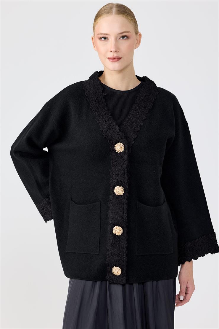 Kol Ve Pat Detaylı Düğmeli Triko Hırka SİYAH