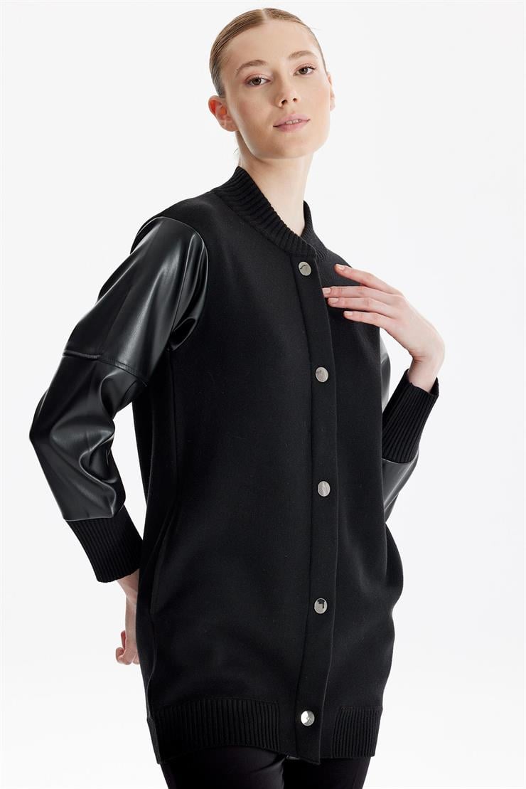 Kolları Deri Garnili Triko Bomber Ceket SİYAH