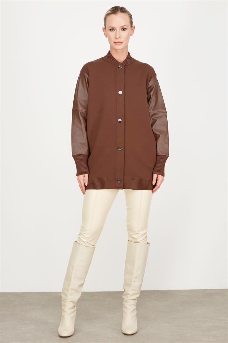 Kolları Deri Garnili Triko Bomber Ceket KAHVE