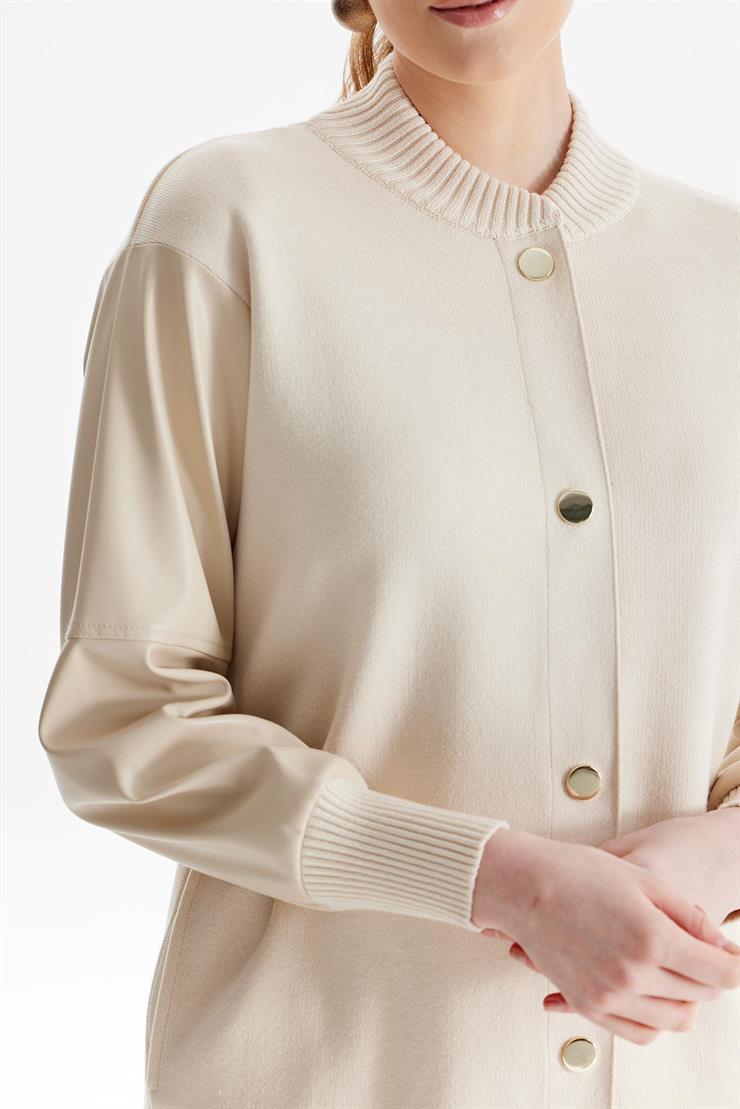 Kolları Deri Garnili Triko Bomber Ceket BEJ