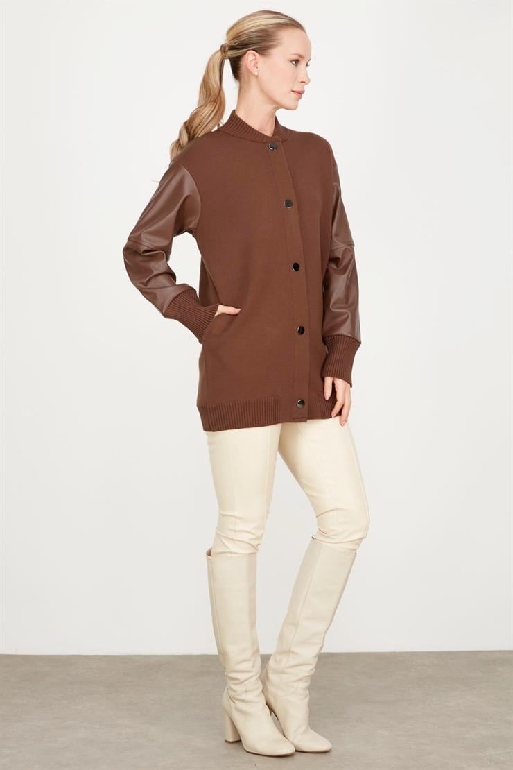 Kolları Deri Garnili Triko Bomber Ceket KAHVE