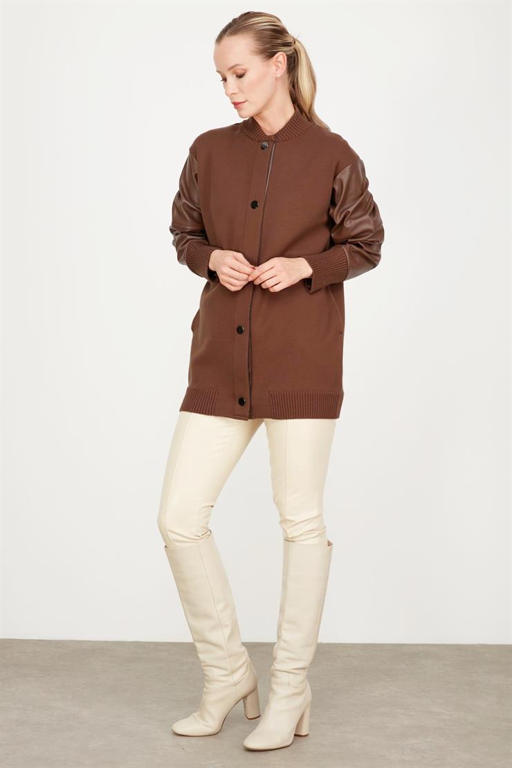 Kolları Deri Garnili Triko Bomber Ceket KAHVE