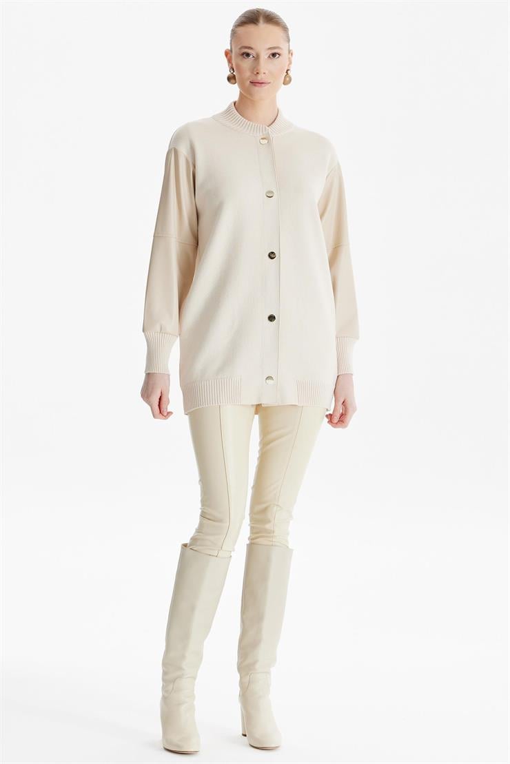 Kolları Deri Garnili Triko Bomber Ceket BEJ