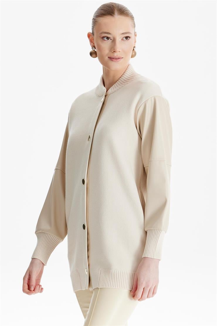 Kolları Deri Garnili Triko Bomber Ceket BEJ