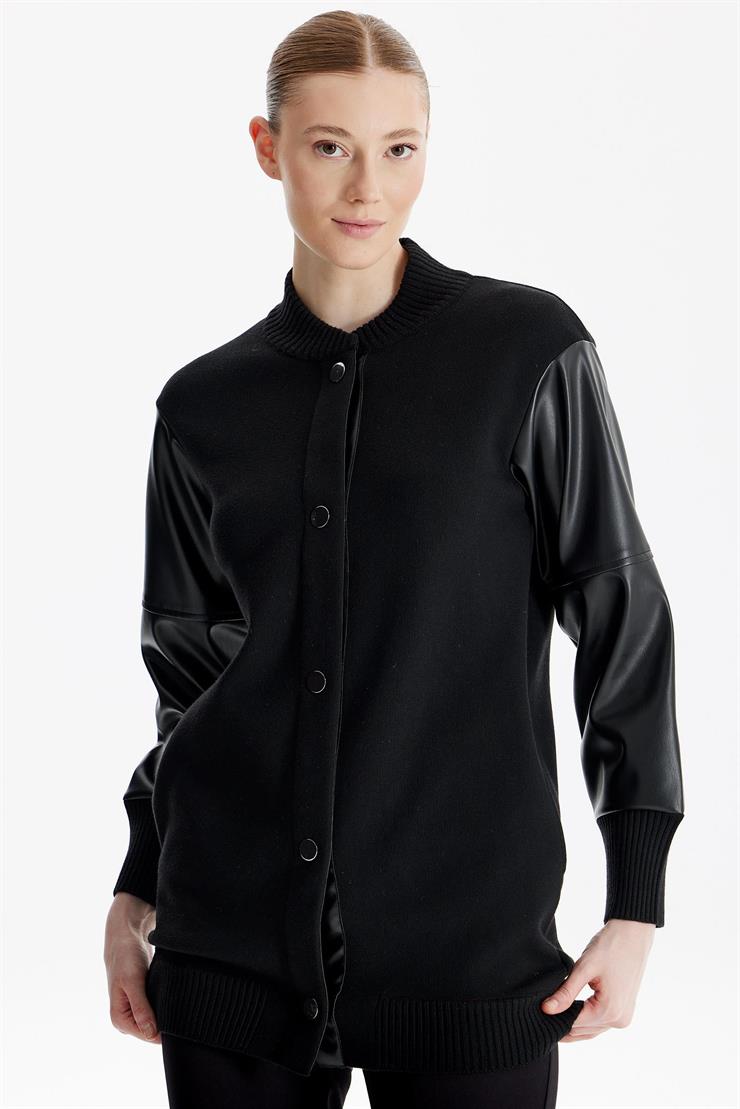 Kolları Deri Garnili Triko Bomber Ceket SİYAH