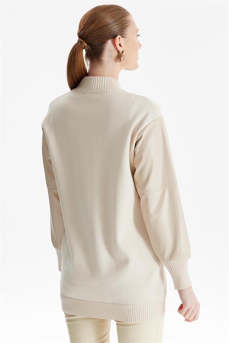 Kolları Deri Garnili Triko Bomber Ceket BEJ