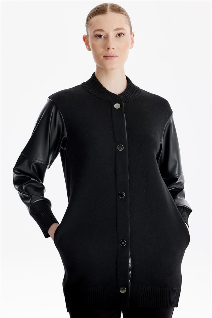 Kolları Deri Garnili Triko Bomber Ceket SİYAH