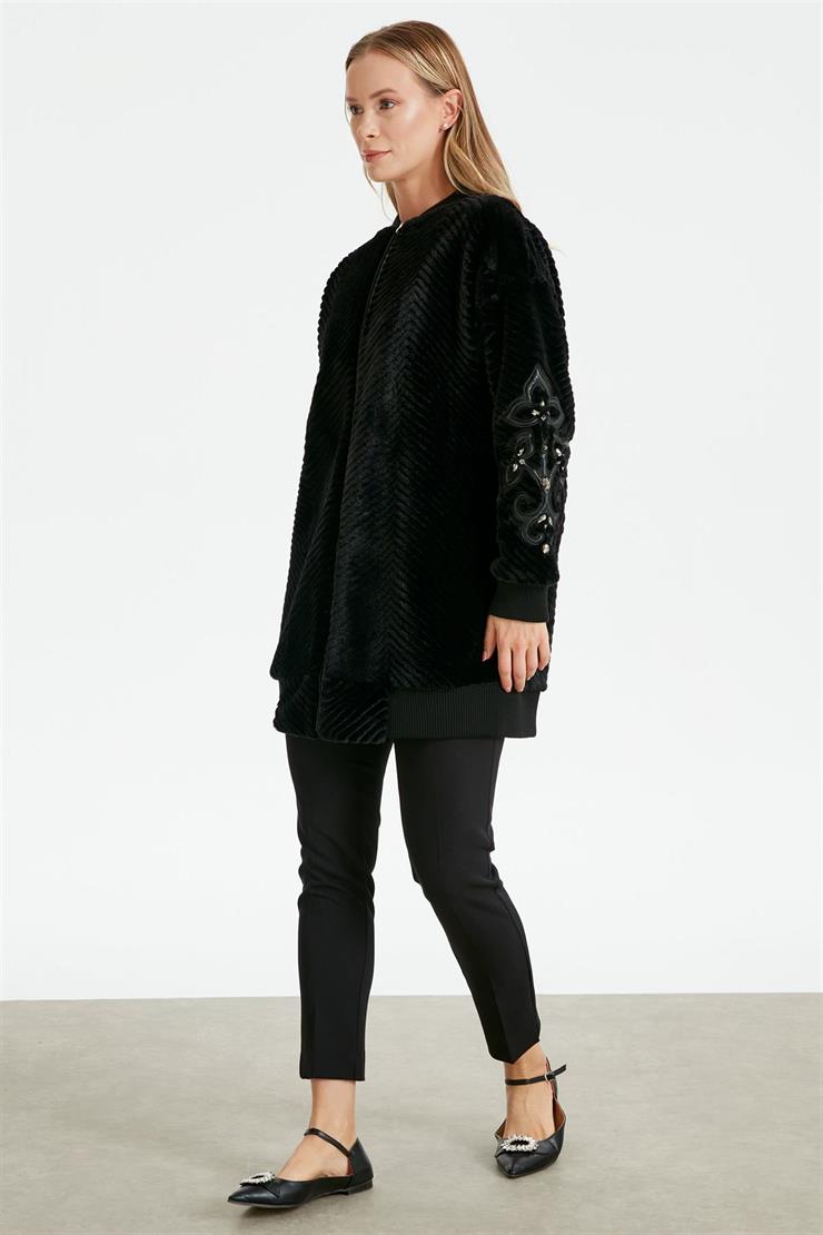 Kolları Deri Nakışlı Kürk Bomber Ceket SİYAH