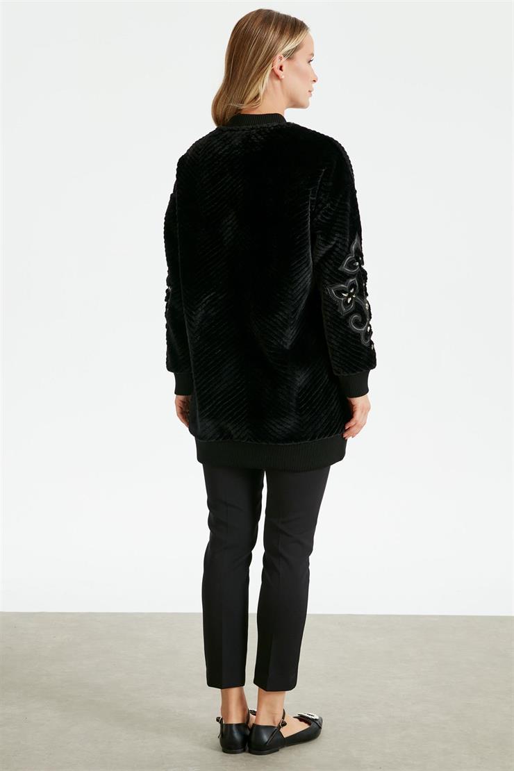 Kolları Deri Nakışlı Kürk Bomber Ceket SİYAH