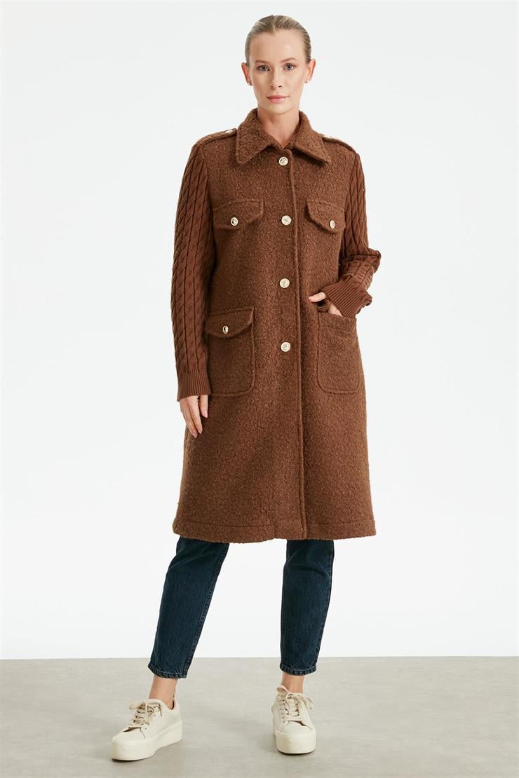 Kolları Saç Örgülü Kaban KAHVE