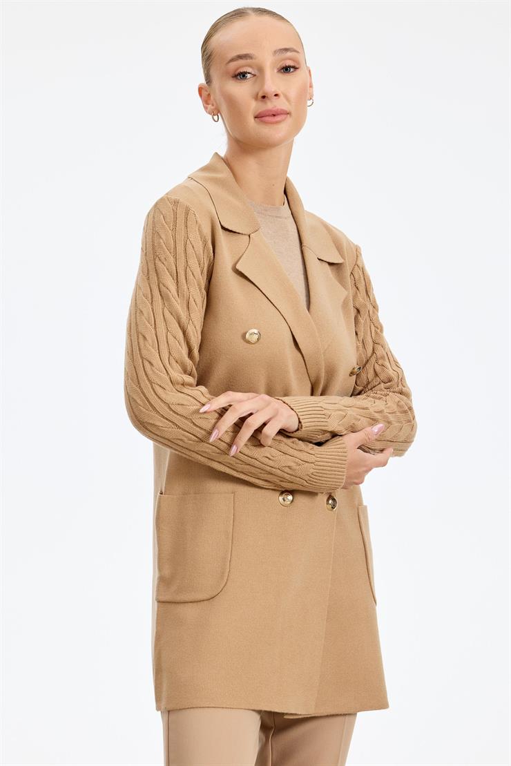 Kolları Saç Örgülü Triko Blazer Ceket CAMEL