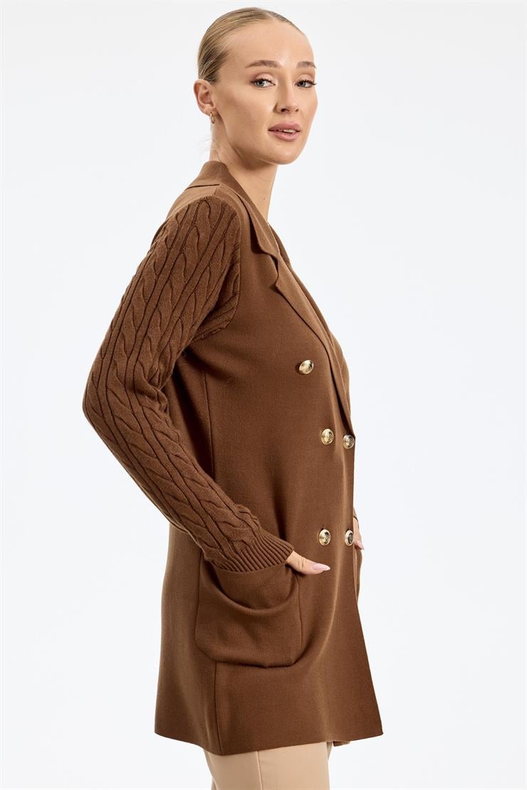 Kolları Saç Örgülü Triko Blazer Ceket KAHVE