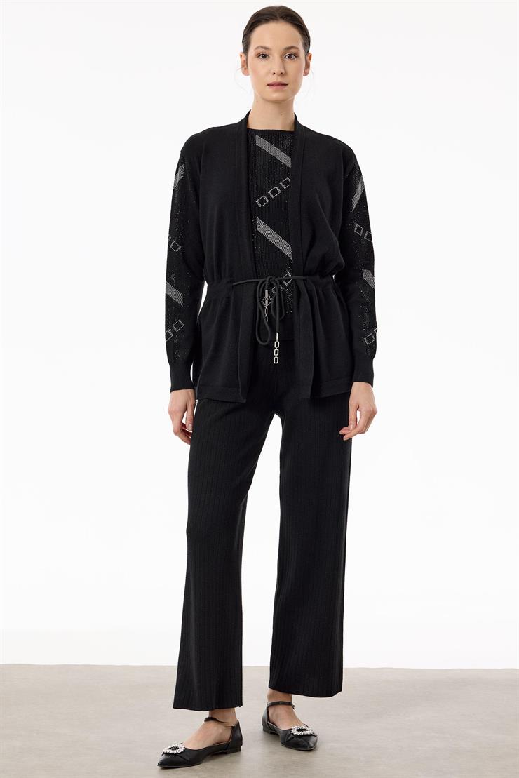 Kolları Taşlı 3lü Triko Takım SİYAH