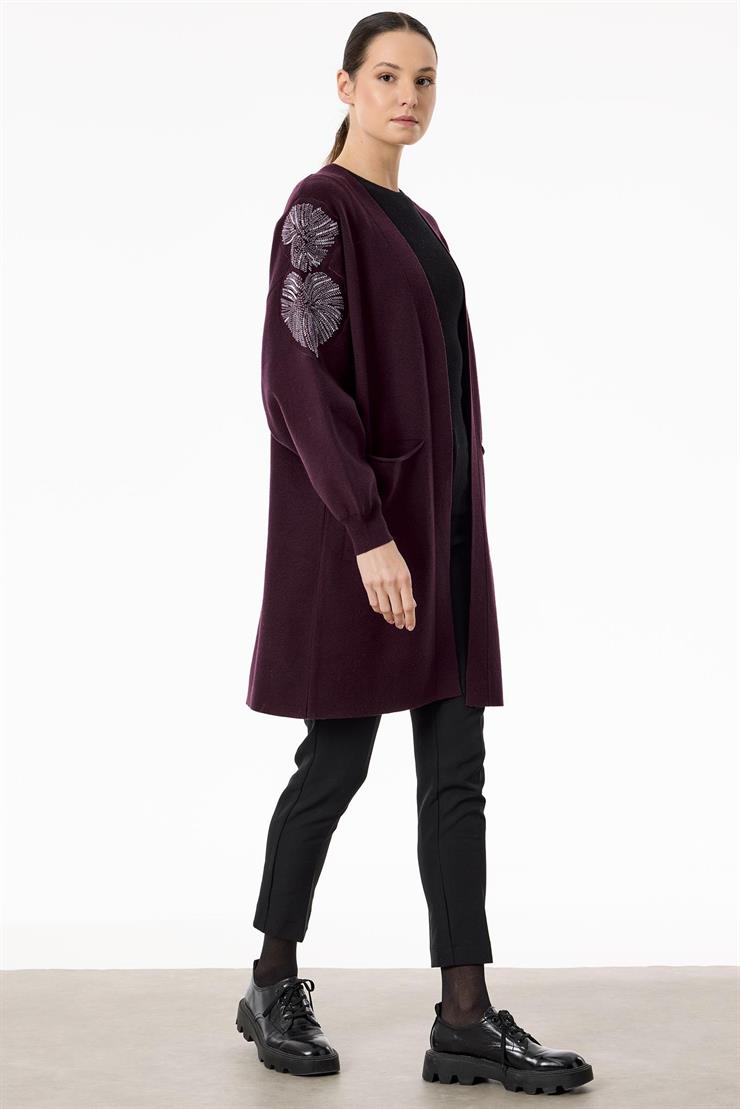 Kolları Yaprak İşlemeli Triko Hırka KIRMIZI