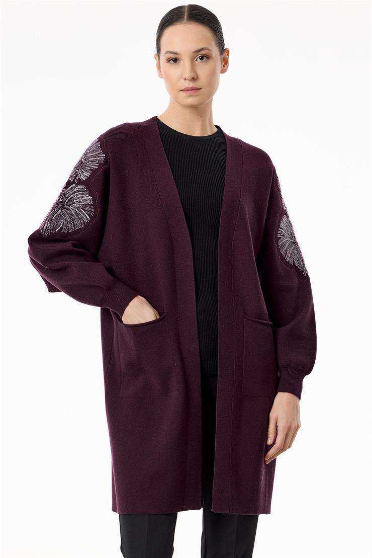 Kolları Yaprak İşlemeli Triko Hırka KIRMIZI