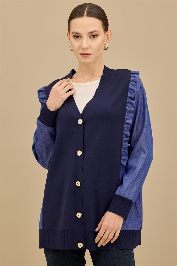 Kolu Kot Detaylı Triko Kombinli Hırka LACİVERT