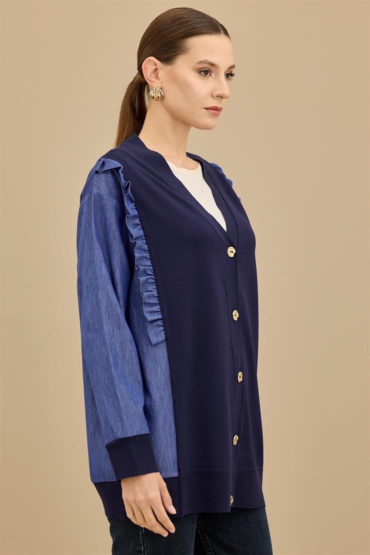 Kolu Kot Detaylı Triko Kombinli Hırka LACİVERT