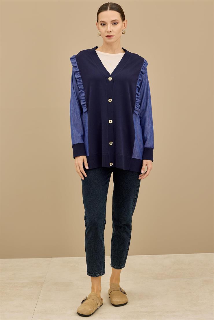 Kolu Kot Detaylı Triko Kombinli Hırka LACİVERT