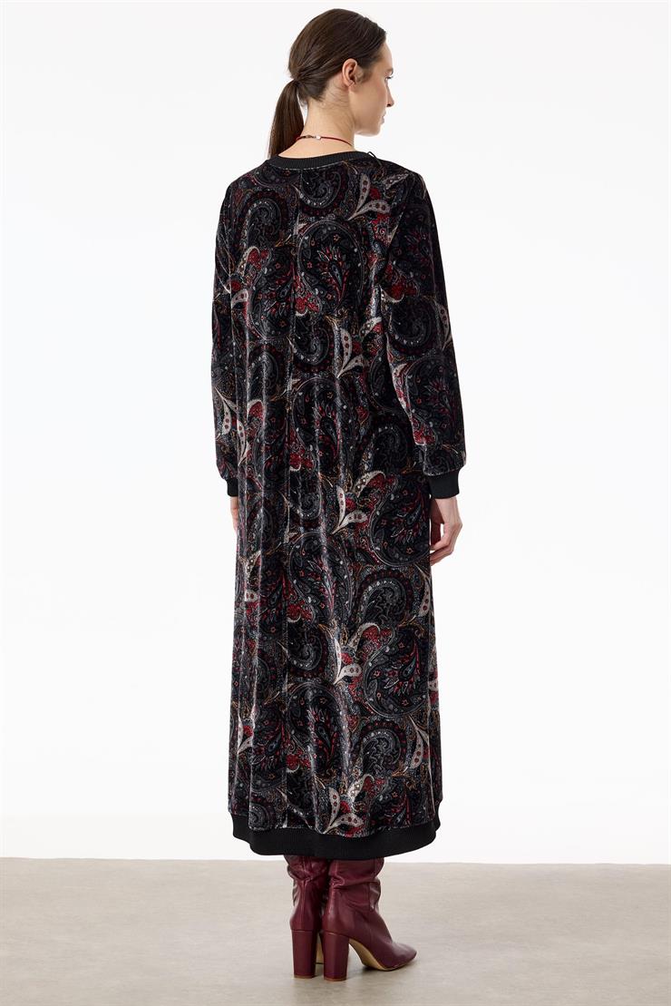 Kolyeli Şal Desen Kadife Elbise SİYAH