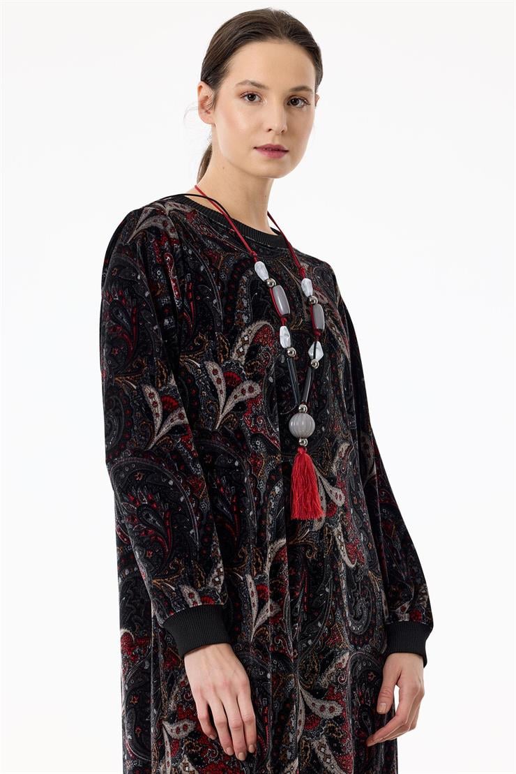 Kolyeli Şal Desen Kadife Elbise SİYAH