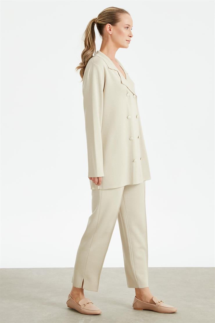 Kruvaze Ceket Pantolon Triko Takım BEJ
