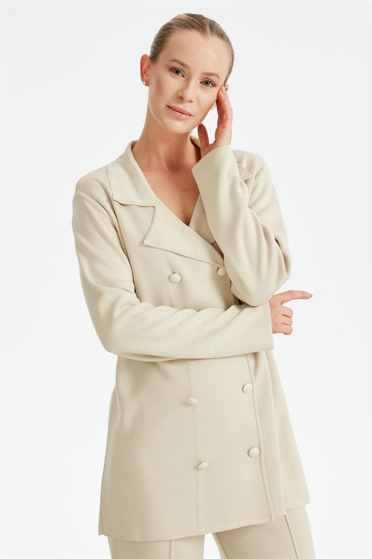 Kruvaze Ceket Pantolon Triko Takım BEJ