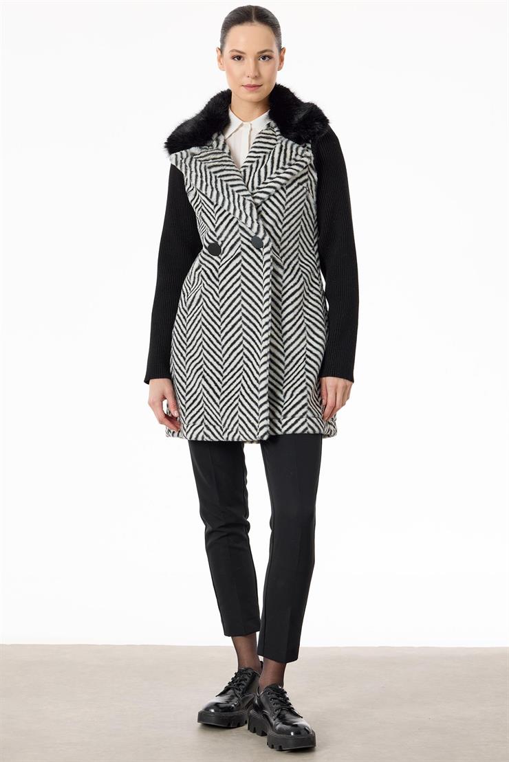 Kruvaze Çıtçıtlı Triko Kombinli Kaban SİYAH